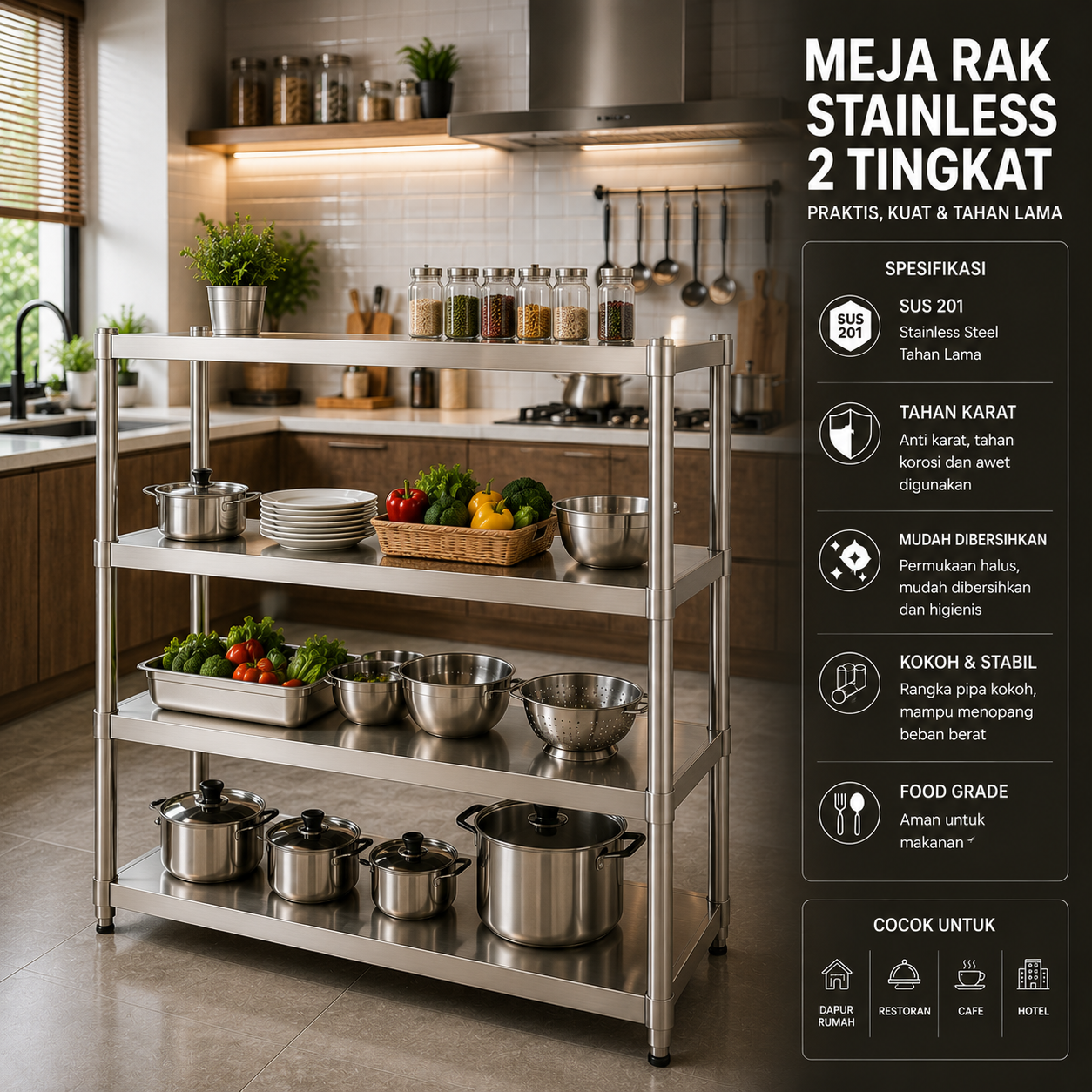 CCARE RAK STAINLESS MULTILAYER SOLID 4 TINGKAT – COMMERCIAL STORAGE RACK PREMIUM - Gambar 2