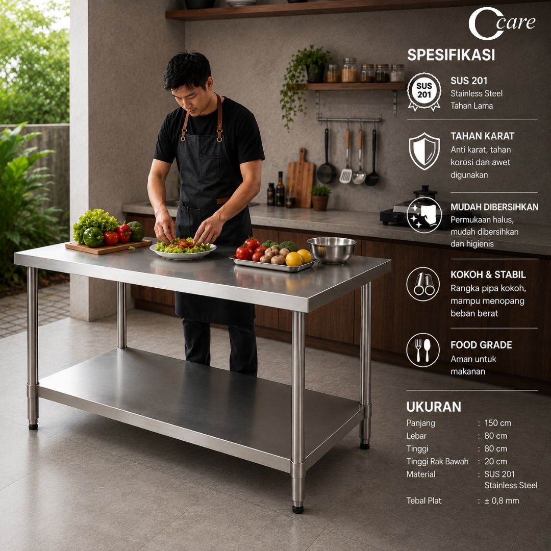 CCARE MEJA DAPUR STAINLESS STEEL150CM – COMMERCIAL WORK TABLE PREMIUM - Gambar 2