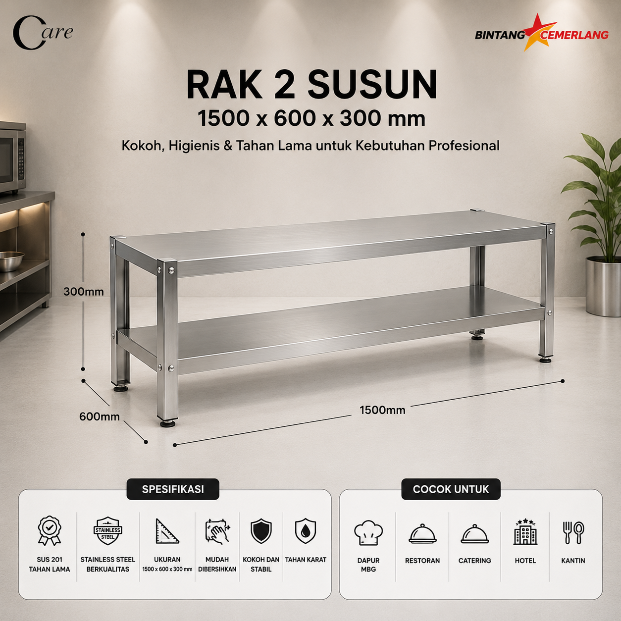 CCARE MEJA RAK STAINLESS 2 TINGKAT – COMMERCIAL WORK TABLE PREMIUM