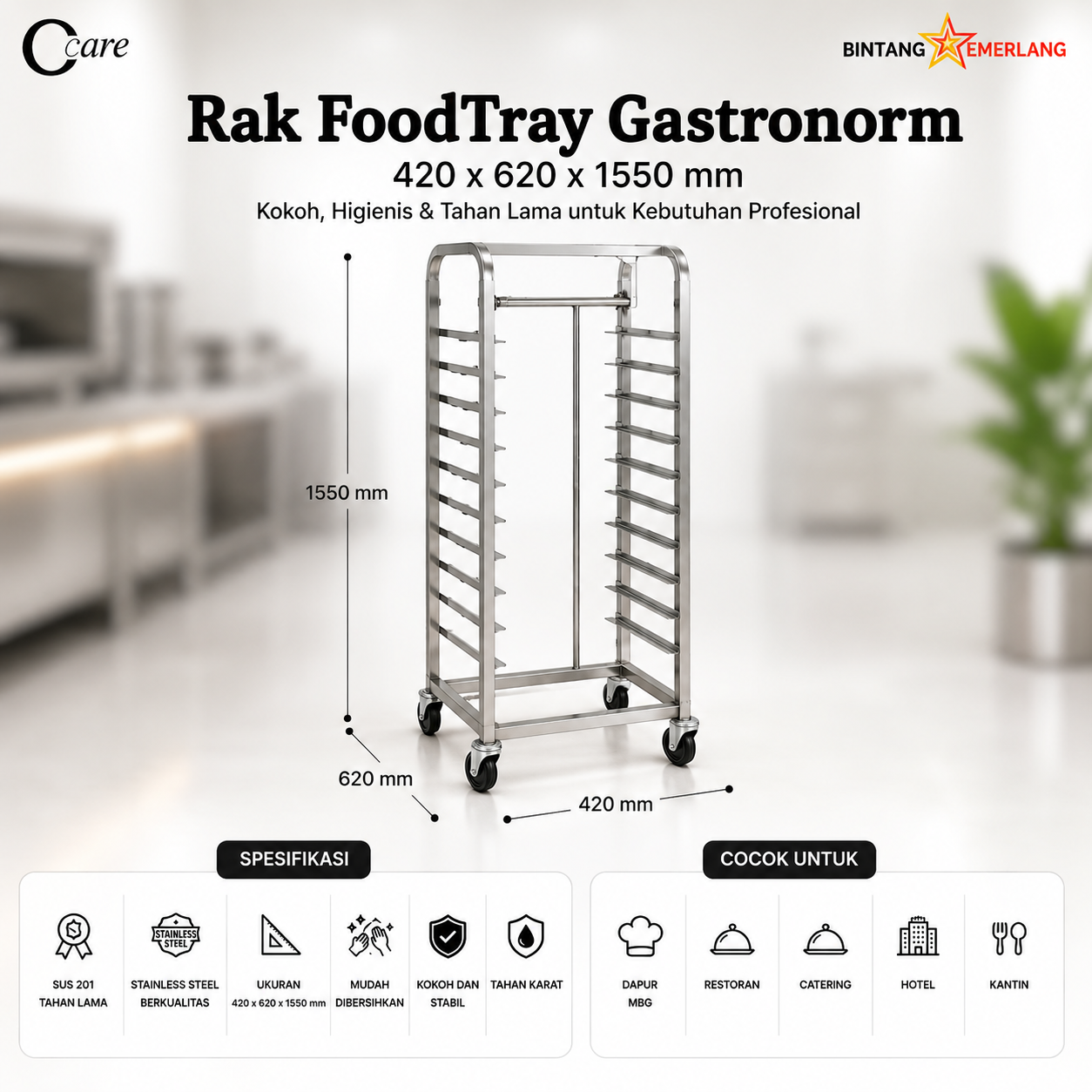 CCARE RAK TROLLI STAINLESS – TROLLI BAKERY & DAPUR KOMERSIAL MULTIFUNGSI