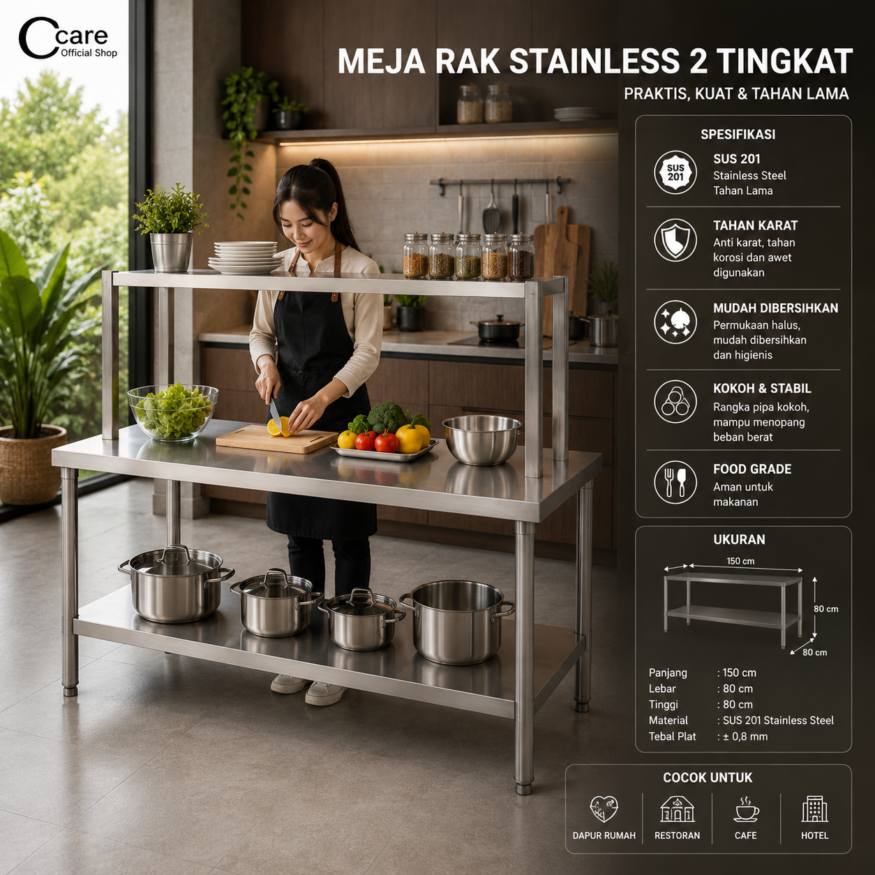 CCARE MEJA RAK STAINLESS 2 TINGKAT – COMMERCIAL WORK TABLE WITH OVERSHELF PREMIUM - Gambar 2
