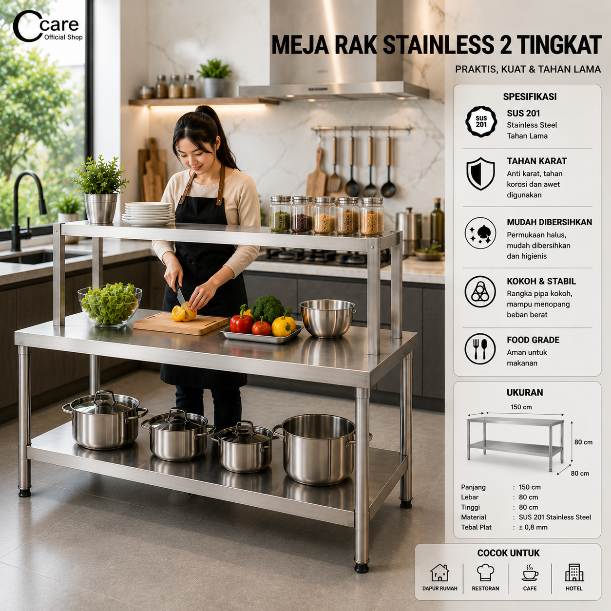 CCARE MEJA RAK STAINLESS 2 TINGKAT – COMMERCIAL WORK TABLE WITH OVERSHELF PREMIUM - Gambar 3