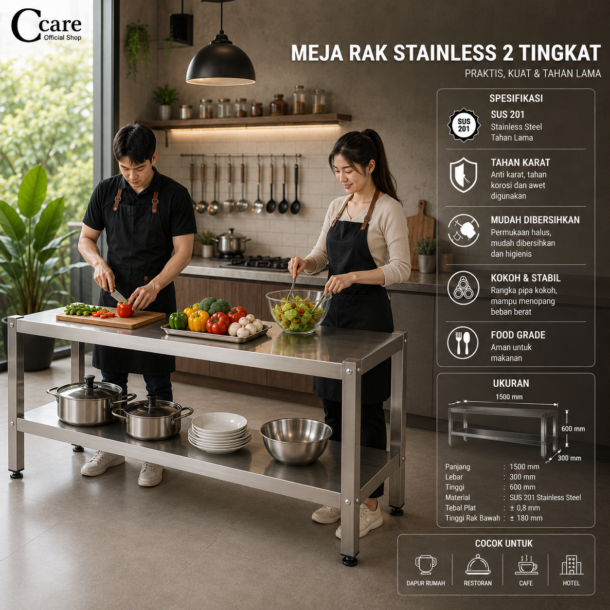 CCARE MEJA RAK STAINLESS 2 TINGKAT – COMMERCIAL WORK TABLE PREMIUM - Gambar 2
