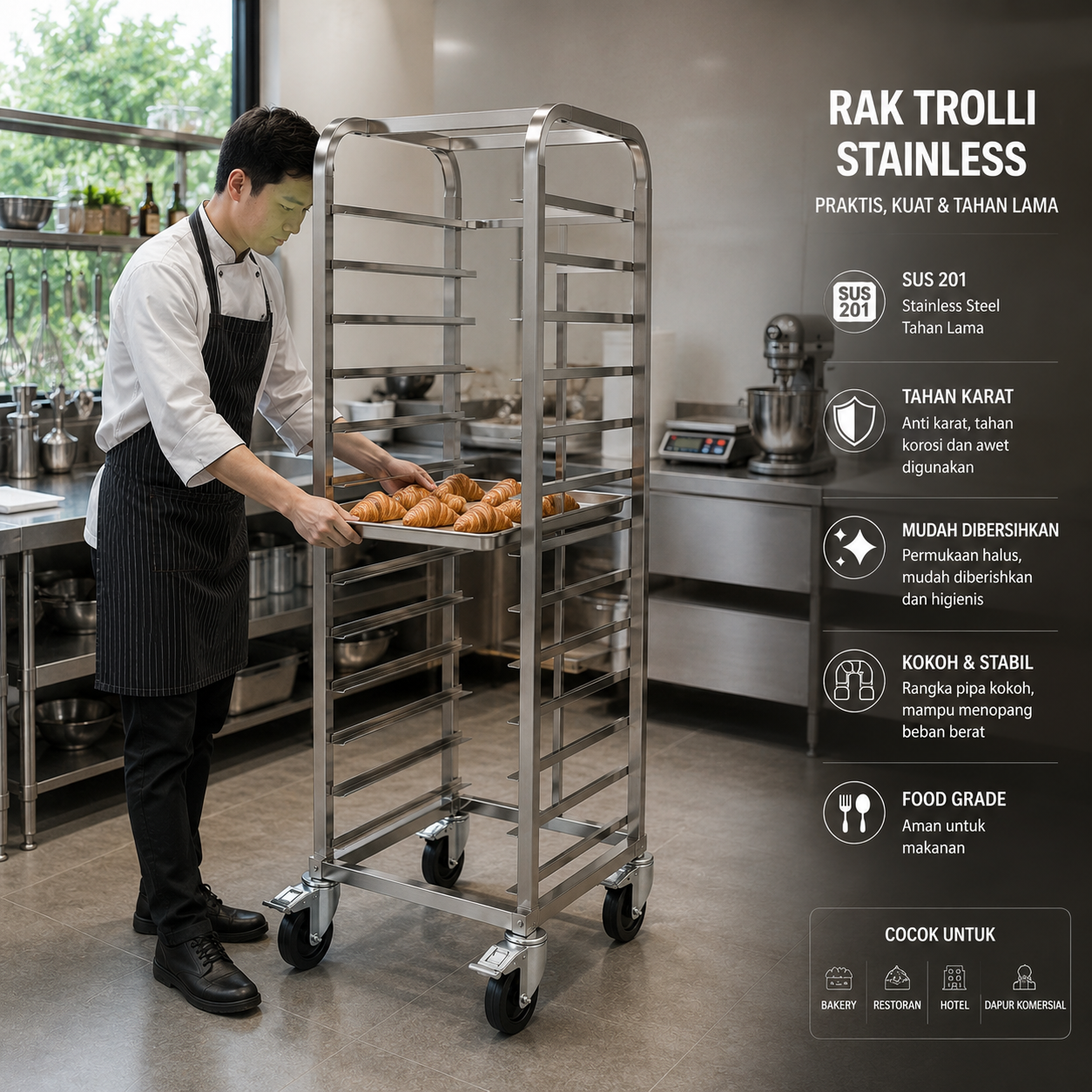 CCARE RAK TROLLI STAINLESS – TROLLI BAKERY & DAPUR KOMERSIAL MULTIFUNGSI - Gambar 2
