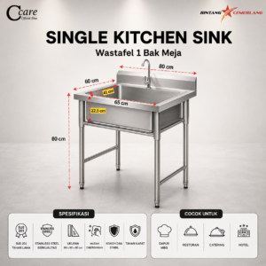 CCARE SINGLE KITCHEN SINK – WASTAFEL 1 BAK MEJA PREMIUM STAINLESS STEEL