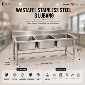 CCARE WASTAFEL STAINLESS STEEL 3 LUBANG – COMMERCIAL TRIPLE SINK PREMIUM