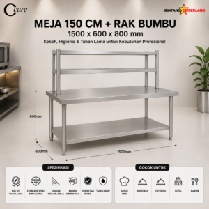 CCARE MEJA RAK STAINLESS 2 TINGKAT – COMMERCIAL WORK TABLE WITH OVERSHELF PREMIUM