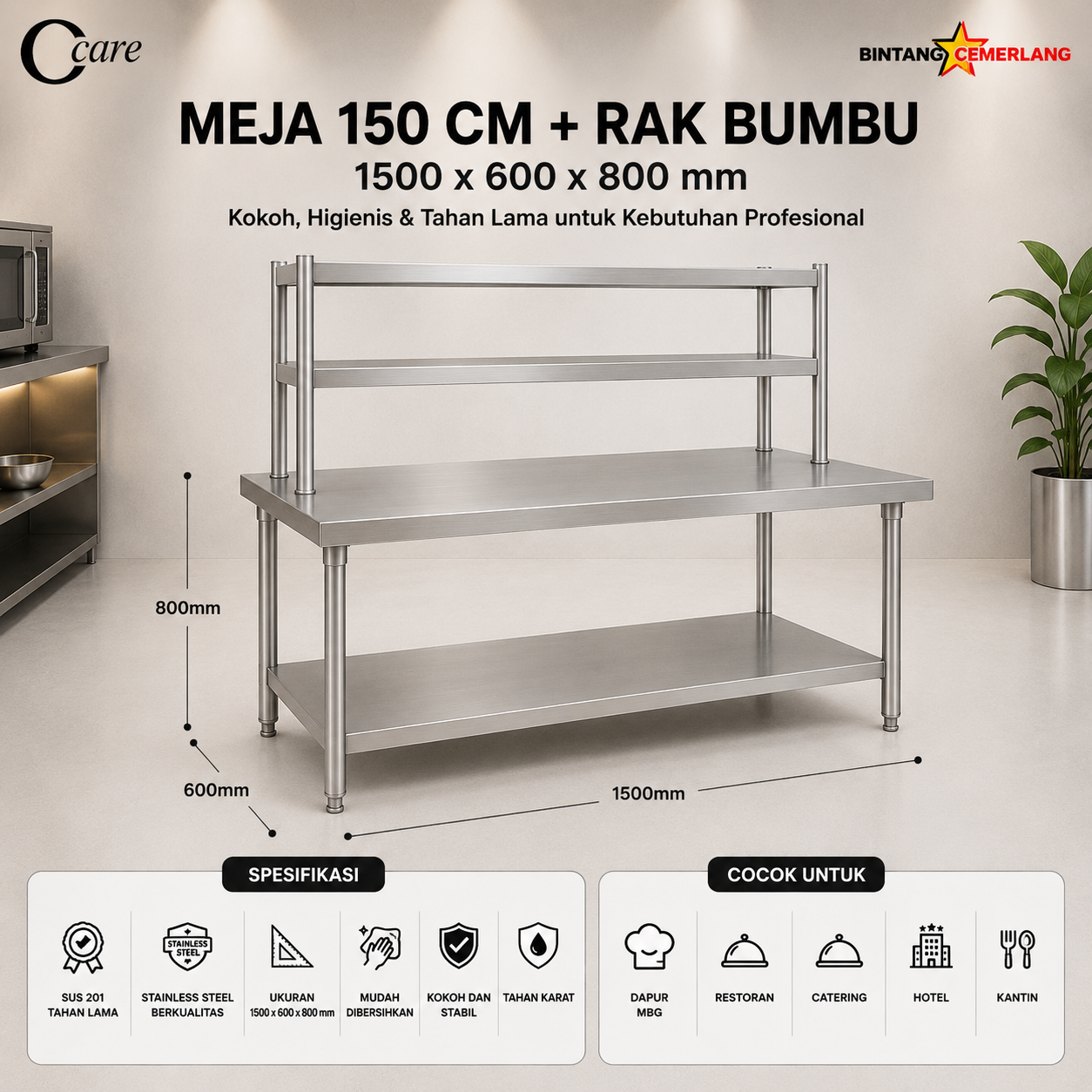 CCARE MEJA RAK STAINLESS 2 TINGKAT – COMMERCIAL WORK TABLE WITH OVERSHELF PREMIUM